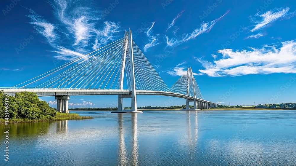 Obraz premium Modern Cable Stayed Bridge Over Wide Waterway Under Blue Sky, Featuring Elegant Engineering and Scenic Views.