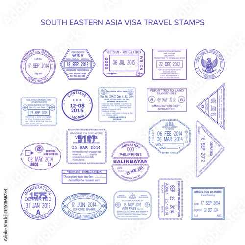 Vector south eastern asia common travel visa stamps set