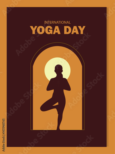Silhouette of Woman in Tree Pose for International Yoga Day with Arched Window and Sunset Background