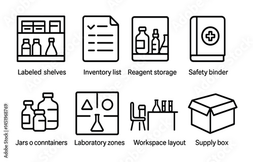 Laboratory safety line icons set – inventory, storage, hazardous materials symbols