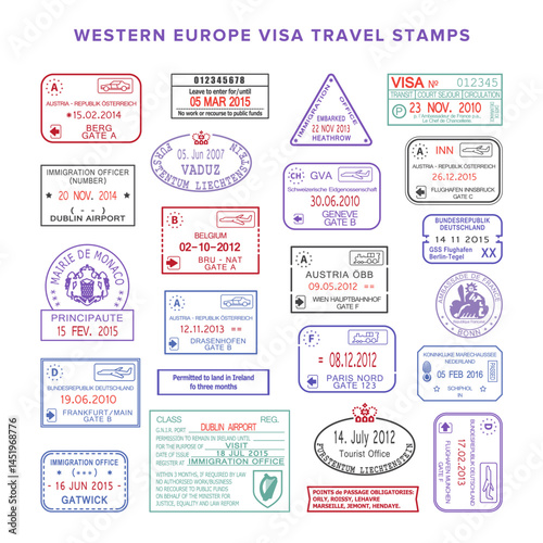 Vector western europe colour travel visa stamps set