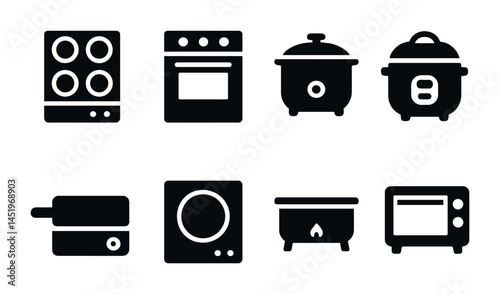 Kitchen appliances solid icons set – cookware, silhouette, and household utensils