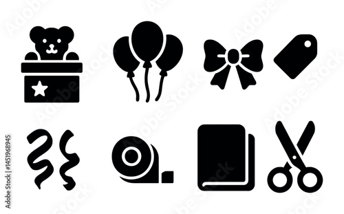 Celebration and party solid icons set – filled, festive, event planning graphics