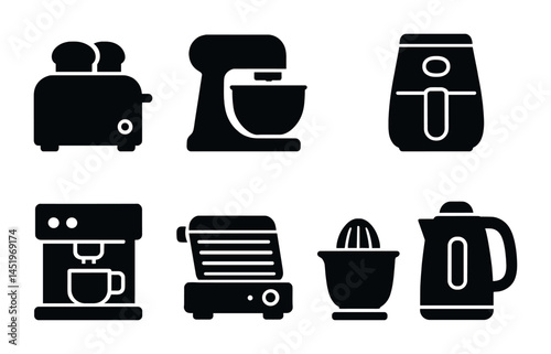 Kitchen appliance solid icons set – household, cooking, home essentials symbols