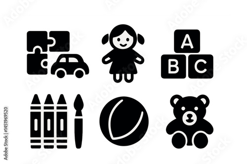 Children's toys solid icons set - play, puzzles, educational symbols