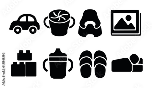 Baby essentials silhouette icons set – solid, newborn care and infant symbols