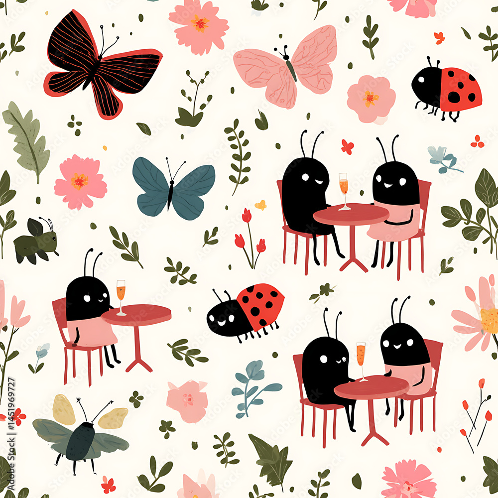 Fototapeta premium Cute cartoon bugs and butterflies interspersed with pink flowers create a whimsical, childlike wallpaper pattern on a light background.