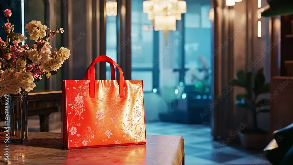 Vibrant red floral bag placed on a table in a stylish, modern interior with soft lighting