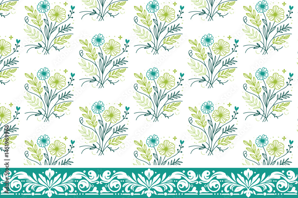 Fototapeta premium border seamless sketch. floral outline repeat. one line pattern artwork. textile hand drawn embroidery. minimal botanical design. abstract petal texture