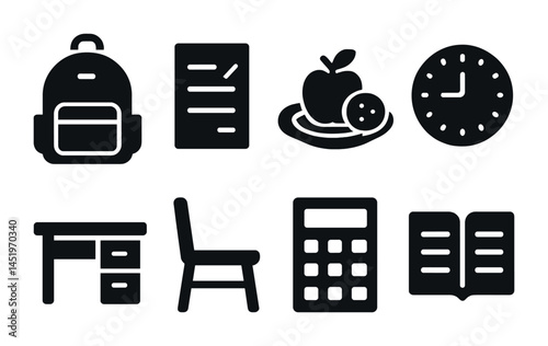 Back to school solid icons set – education, learning, classroom essentials