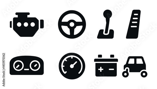 Automotive and transport solid icons set – filled, vehicle and car parts symbols
