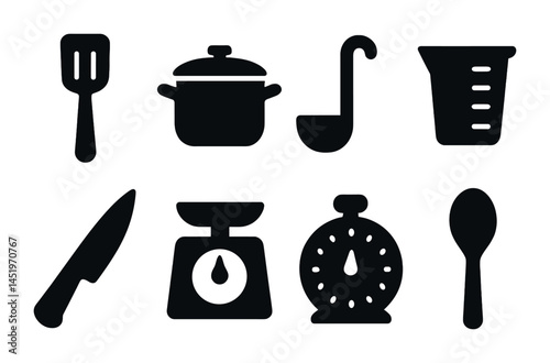 Kitchen tools silhouette icons set – solid, cooking, culinary equipment symbols