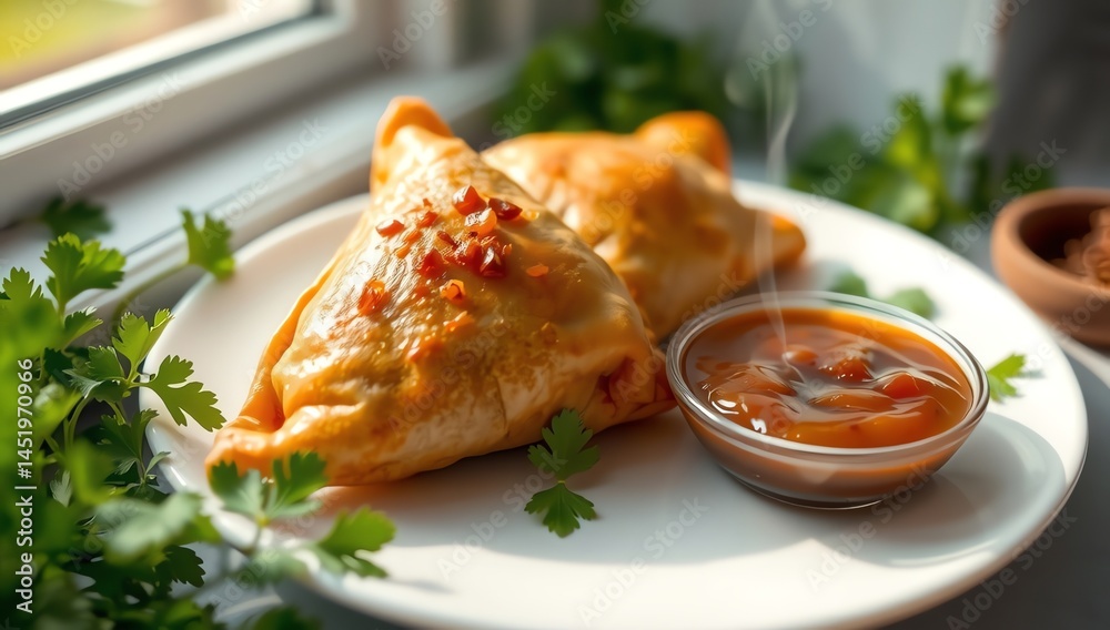 Closeup macro photo of delicious serving of Samosas in white plate with spicy hot chutney. High definition studio light cinematic food photo