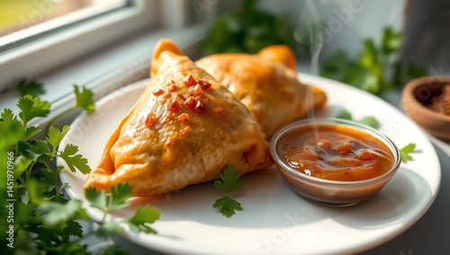 Obraz na płótnie Closeup macro photo of delicious serving of Samosas in white plate with spicy hot chutney. High definition studio light cinematic food photo w salonie