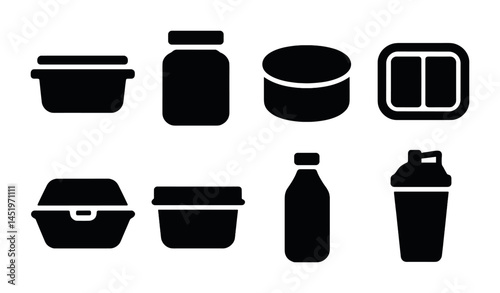 Food packaging solid icons set – silhouette, filled, jars and containers symbols