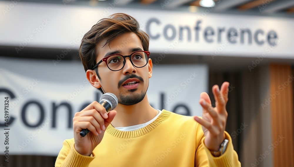 Young Indian man wearing glasses is talking on the microphone in a conference in high definition