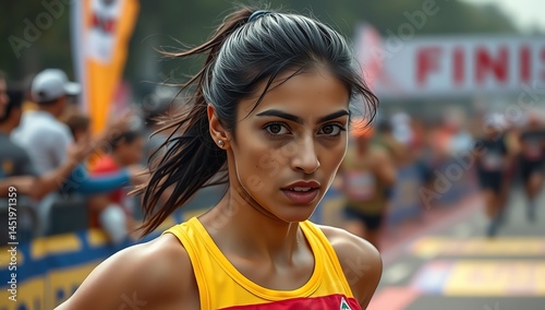 Obraz na płótnie Close-up face portrait of an Indian woman athlete running in an marathon while looking at the camera. High definition cinematic sports photo w salonie