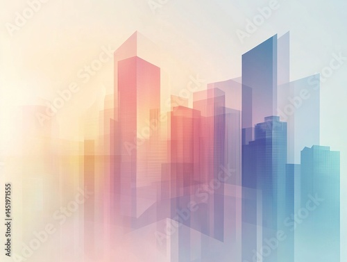 A minimalist abstract cityscape with overlapping transparent layers and soft pastel tones, designed with clean geometric lines and a low-polygonal style for a modern corporate aesthetic.