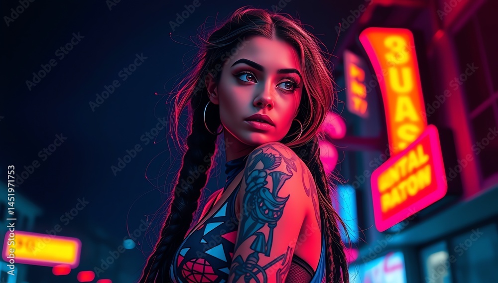 Pretty model Feminine figure from India, image is bathed in rich, vivid hues, with cinematic lighting, shallow depth of field, nightlife neo cyberpunk vintage style in high definition face portrait