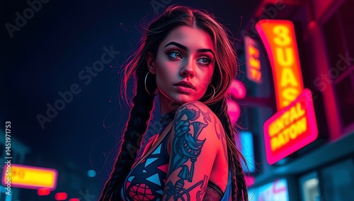 Obraz na płótnie Pretty model Feminine figure from India, image is bathed in rich, vivid hues, with cinematic lighting, shallow depth of field, nightlife neo cyberpunk vintage style in high definition face portrait w salonie