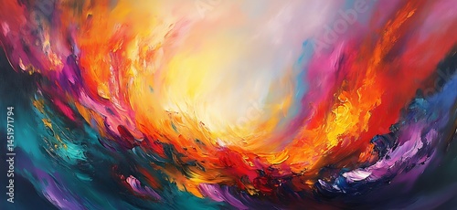 Abstract painting of vibrant, colorful flames with fluid shapes and high contrast, evoking an energetic and dynamic atmosphere; bold hues, fiery motion, expressive brushstrokes.