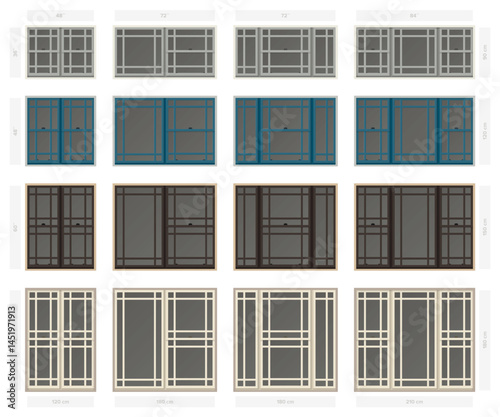 Vector single hung praire style composite window set in different sizes and colors