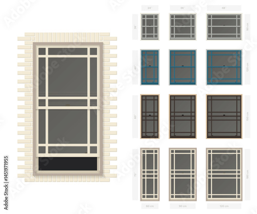 Vector single hung praire style typical window set in different sizes and colors