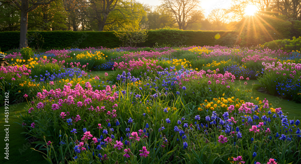 Naklejka premium Scenic Flowerbed At Sunrise, Capturing The Radiant Beauty Of Nature