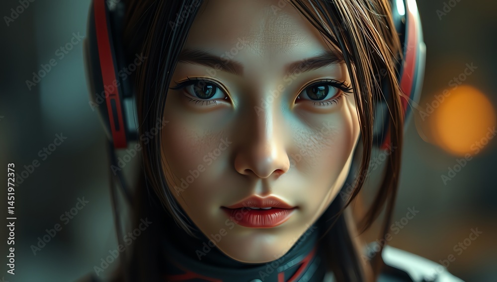 Focused Female Portrait with Headphones, Urban Studio, Digital Art, Close-Up, Creative Environment, Emotion Exploration