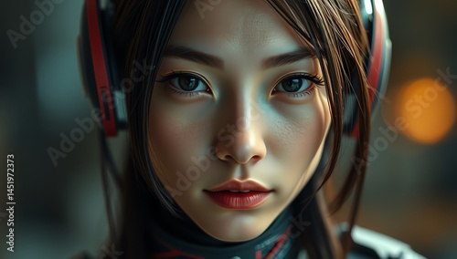 Obraz na płótnie Focused Female Portrait with Headphones, Urban Studio, Digital Art, Close-Up, Creative Environment, Emotion Exploration w salonie
