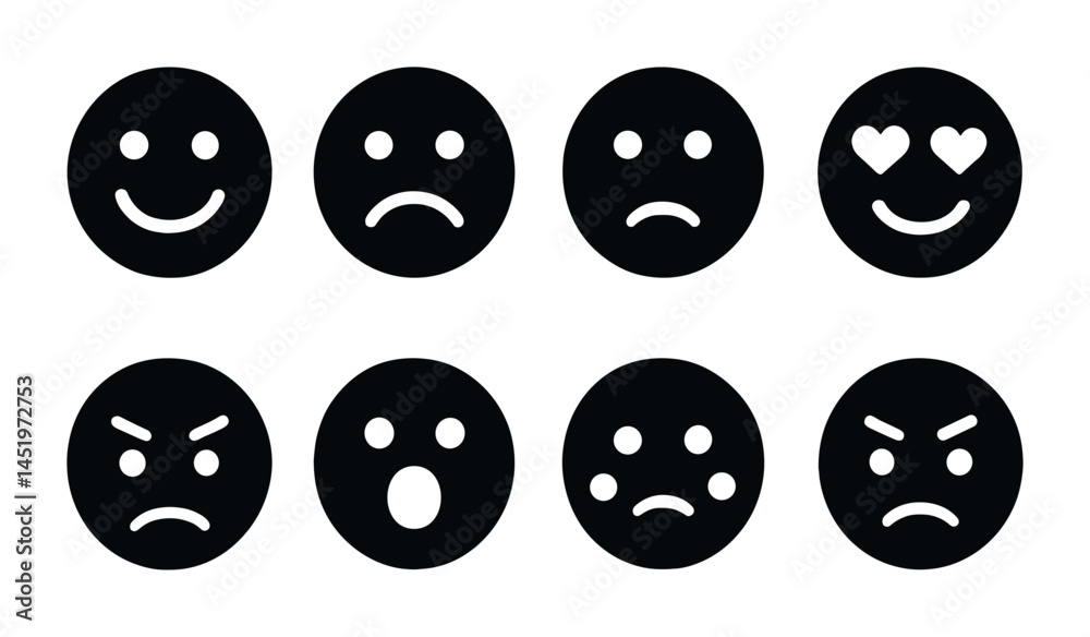 Emoticons solid icons set – expression, mood, digital communication symbols Emoticons solid icons set – expression, mood, digital communication symbols