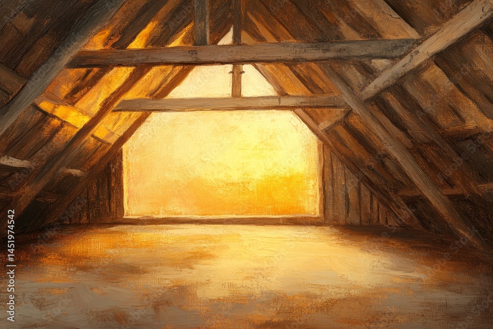 Fototapeta premium Interior of a rustic attic space, bathed in warm light.