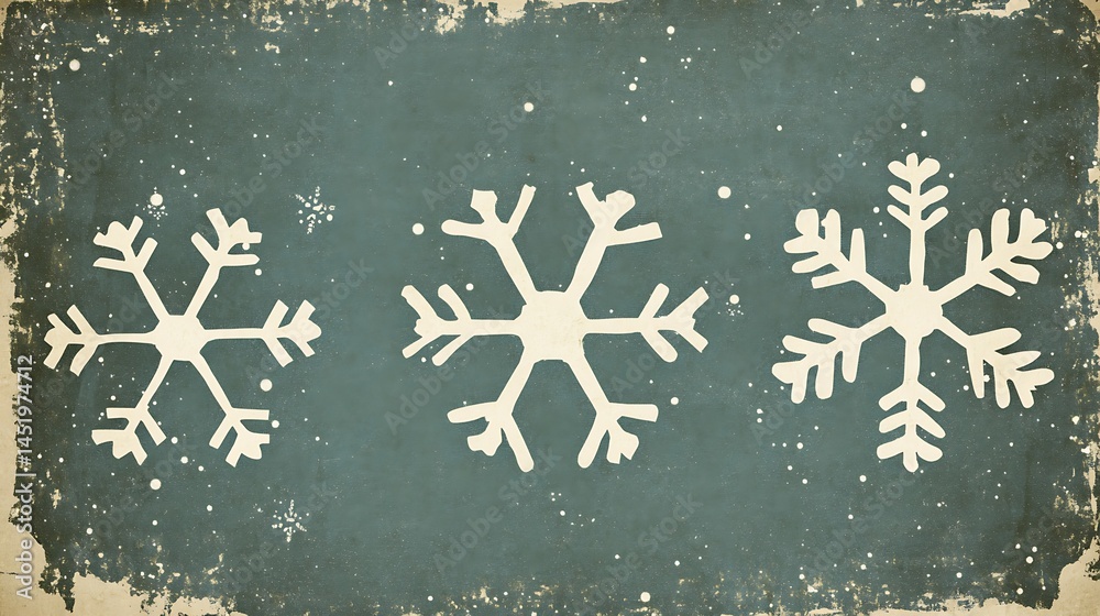 Fototapeta premium Three stylized snowflakes on a textured teal background. The snowflakes are off white and have a slightly distressed appearance. The background has a vintage, grunge texture