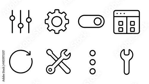 Settings and tools line icons set – outline, linear, adjustment and configuration symbols