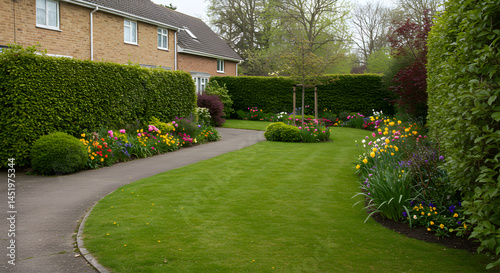 Scenic Backyard Garden With Blooming Flowers And Meticulously Maintained Lawn