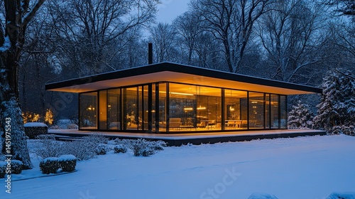 Modern Glass Pavilion in Snowy Night Landscape, Featuring Sleek Design Amidst a Winter Wonderland.  