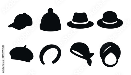 Hat and headwear silhouette icons set – hat, cap, fashion and clothing symbols