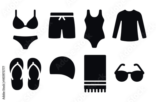 Beachwear and accessories silhouette icons set – swimsuit, summer, clothing symbols