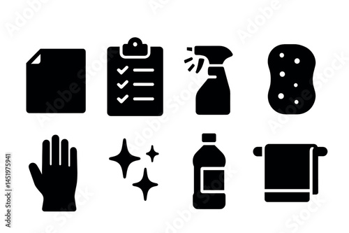 Cleaning and hygiene solid icons set – simple, filled, sanitation symbols