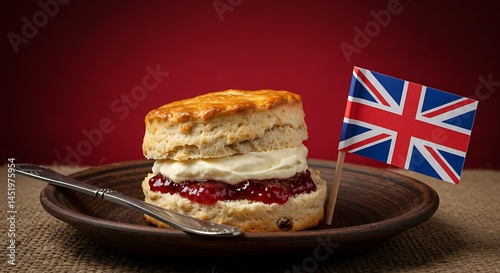 Delicious Scone Stacked with Clotted Cream and Strawberry Jam, Garnished with British Flag on Rustic Plate with Knife, Against Burgundy Backdrop