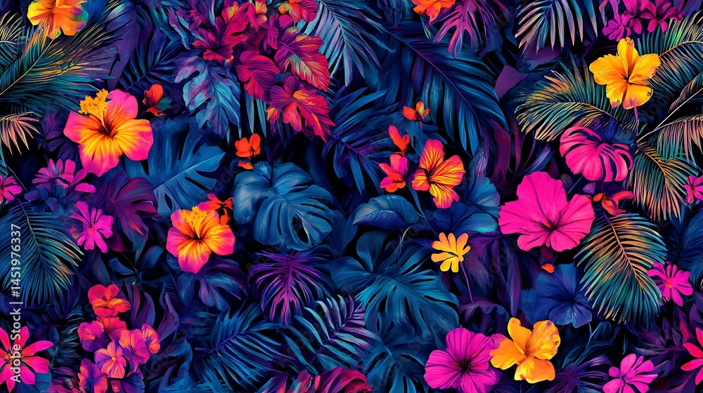Vibrant tropical floral pattern with hibiscus and monstera leaves in neon pink, orange, and blue hues. Dark background enhances the bright colors. Seamless repeat pattern ideal for textile prints or Vibrant tropical floral pattern with hibiscus and monstera leaves in neon pink, orange, and blue hues. Dark background enhances the bright colors. Seamless repeat pattern ideal for textile prints or