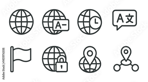 Language and translation outline icons set – communication, global, multilingual symbols