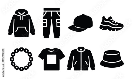 Fashion and clothing silhouette icons set – solid, filled, apparel and accessories symbols