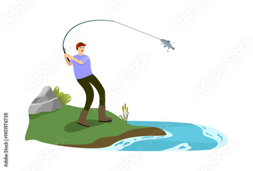 a boy caught a fish on his fishing rod