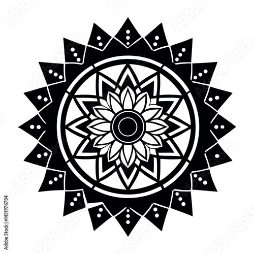 Symmetrical Black Flower Mandala with Decorative Geometric Elements on White