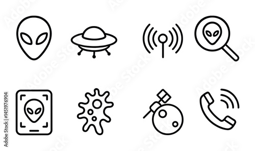 Ufo and alien outline icons set – silhouette, line, extraterrestrial symbols