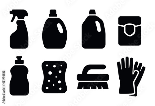 Cleaning supplies silhouette icons set – solid, household, sanitation symbols