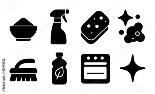 Cleaning and household solid icons set – filled, domestic, sanitation symbols