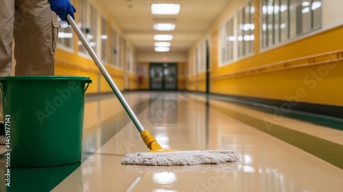 A janitor using a mop and bucket to clean a school hallway, ensuring a spotless floor,