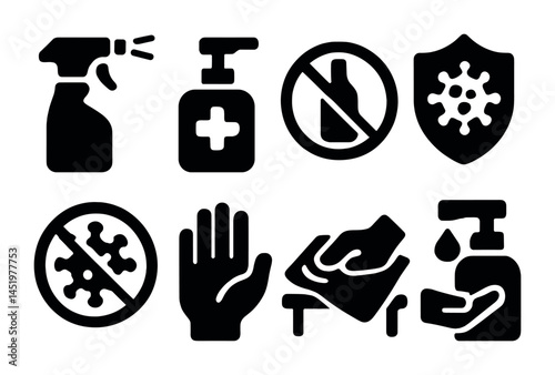 Cleaning and hygiene solid icons set – flat, filled, sanitation and safety symbols
